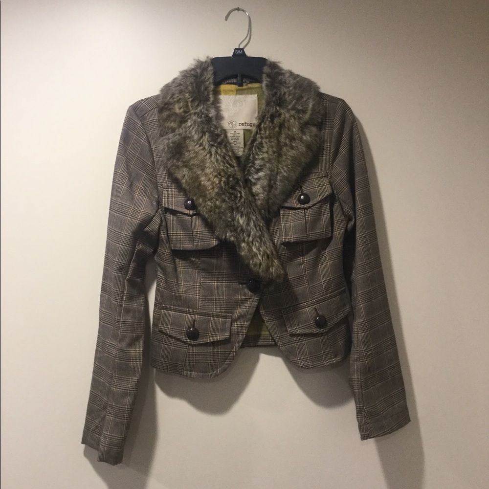 Refuge Faux Fur Plaid Blazer